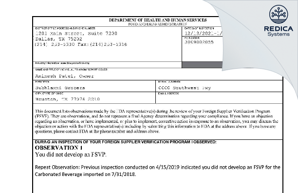 FDA 483 - ABJ Grocers LLC dba Subhlaxmi Grocers [Houston / United States of America] - Download PDF - Redica Systems