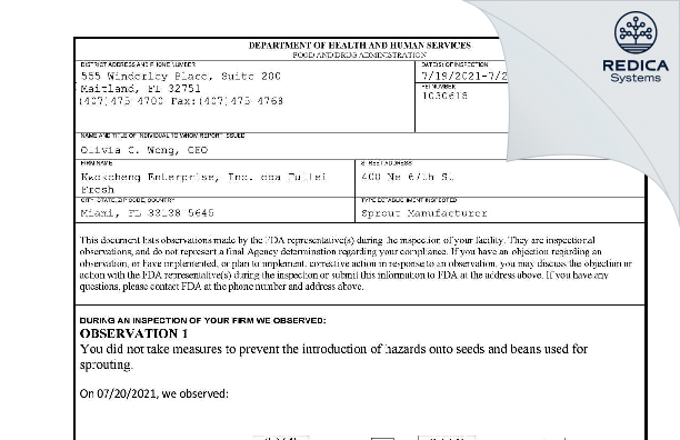FDA 483 - Kwokcheng Enterprise, Inc. dba Fullei Fresh [Miami / United States of America] - Download PDF - Redica Systems