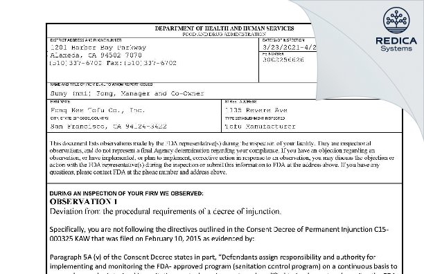 FDA 483 - Fong Kee Tofu Co., Inc. [San Francisco / United States of America] - Download PDF - Redica Systems