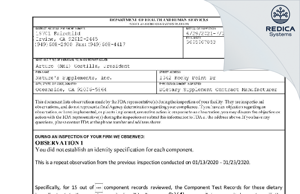 FDA 483 - Nature's Supplements, Inc. [Oceanside / United States of America] - Download PDF - Redica Systems
