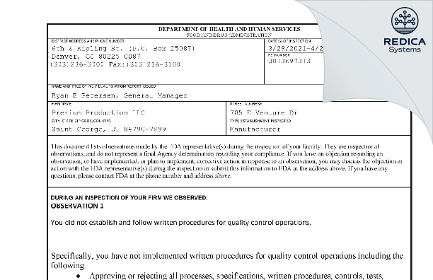 FDA 483 - Premium Production LLC [Saint George / United States of America] - Download PDF - Redica Systems