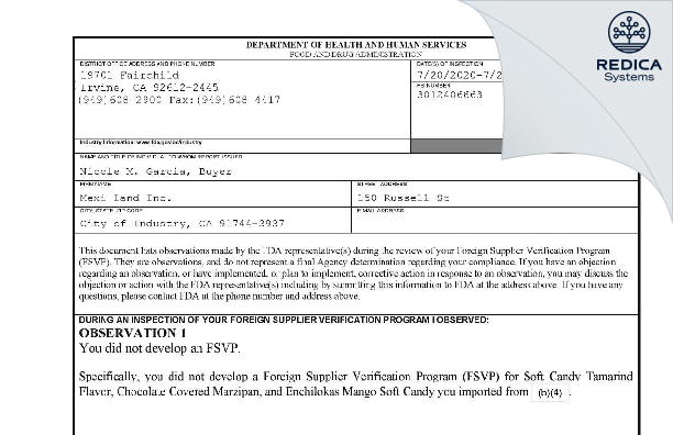 FDA 483 - Mexi-Land Inc. [City Of Industry / United States of America] - Download PDF - Redica Systems