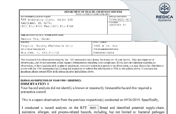 FDA 483 - Tropical Bakery Wholesale Corp [Hialeah / United States of America] - Download PDF - Redica Systems