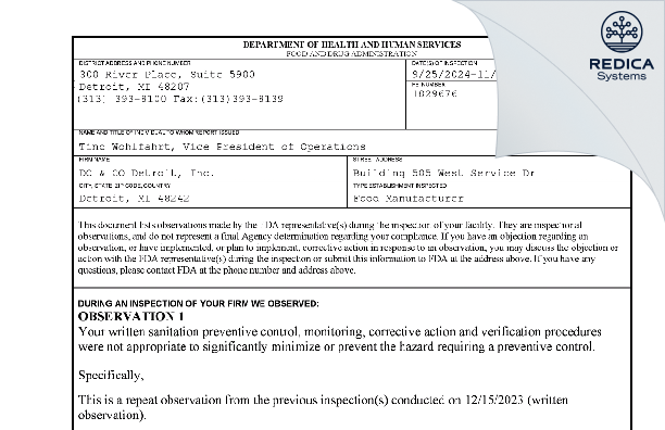 FDA 483 - DO & CO Detroit, Inc. [Detroit / United States of America] - Download PDF - Redica Systems
