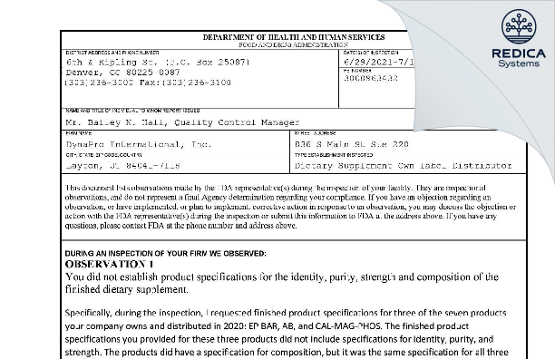 FDA 483 - DynaPro International, Inc. [Layton / United States of America] - Download PDF - Redica Systems