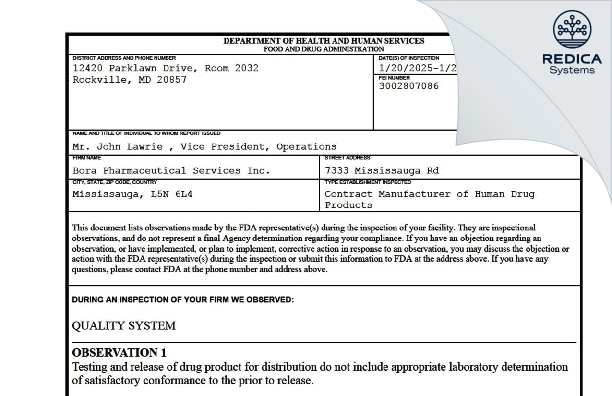 FDA 483 - Bora Pharmaceutical Services Inc [Mississauga / Canada] - Download PDF - Redica Systems