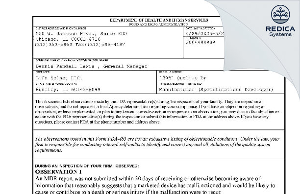 FDA 483 - Life Spine, LLC. [Hoffman Estates / United States of America] - Download PDF - Redica Systems