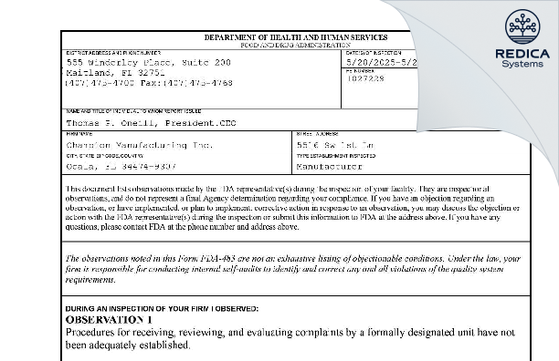 FDA 483 - Winco Mfg., LLC [Ocala / United States of America] - Download PDF - Redica Systems
