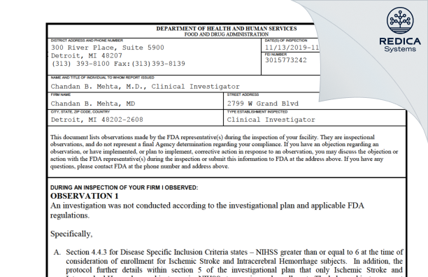 FDA 483 - Chandan B. Mehta, MD [Detroit / United States of America] - Download PDF - Redica Systems