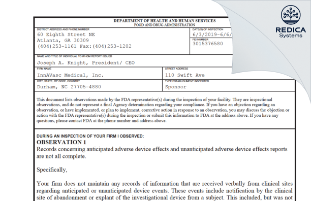 FDA 483 - InnAVasc Medical, Inc. [Durham / United States of America] - Download PDF - Redica Systems