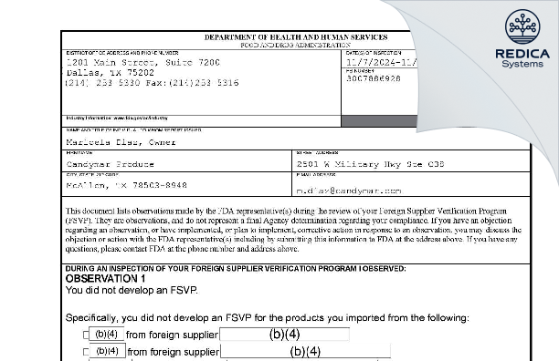 FDA 483 - Candymar Produce [Mcallen / United States of America] - Download PDF - Redica Systems