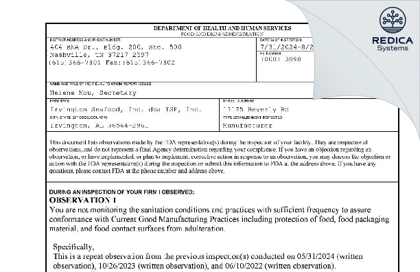 FDA 483 - Irvington Seafood, Inc. dba ISF, Inc. [Irvington / United States of America] - Download PDF - Redica Systems