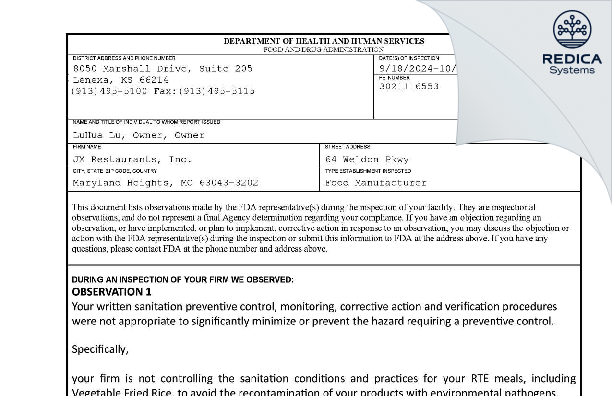 FDA 483 - JX Restaurants, Inc. [Maryland Heights / United States of America] - Download PDF - Redica Systems