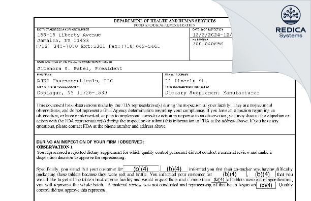 FDA 483 - AJES Pharmaceuticals, LLC [Copiague / United States of America] - Download PDF - Redica Systems