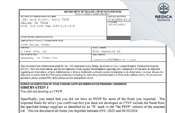 FDA 483 - A TRUE MOVE LLC [Houston / United States of America] - Download PDF - Redica Systems