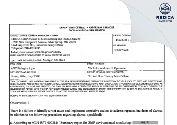 FDA 483 - AGC Biologics SPA [Bresso / Italy] - Download PDF - Redica Systems