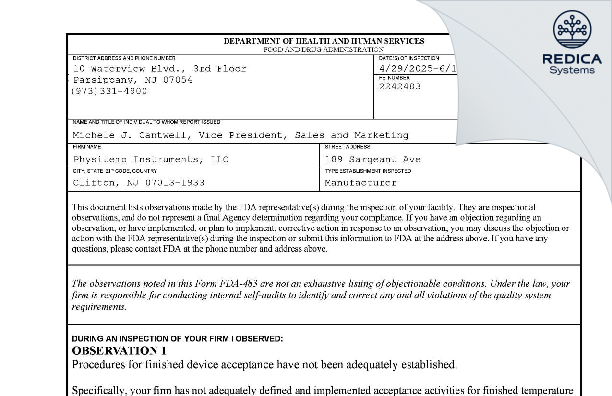 FDA 483 - Physitemp Instruments, LLC [Clifton / United States of America] - Download PDF - Redica Systems