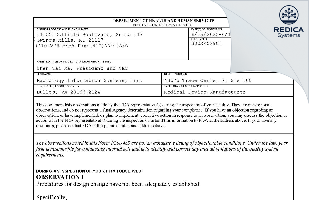 FDA 483 - Radiology Information Systems, Inc. [Sterling / United States of America] - Download PDF - Redica Systems