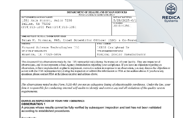 FDA 483 - Forward Science Technologies LLC [Houston / United States of America] - Download PDF - Redica Systems