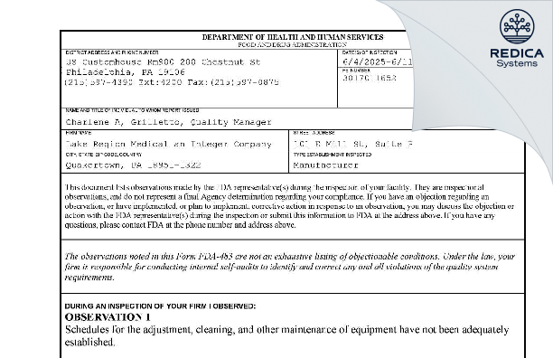 FDA 483 - Lake Region Medical an Integer Company [Quakertown / United States of America] - Download PDF - Redica Systems