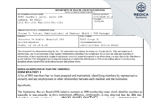 FDA 483 - Nebraska Methodist Hospital IRB [Omaha / United States of America] - Download PDF - Redica Systems