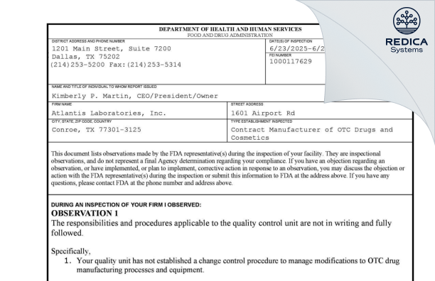 FDA 483 - Atlantis Laboratories, Inc. [Conroe / United States of America] - Download PDF - Redica Systems
