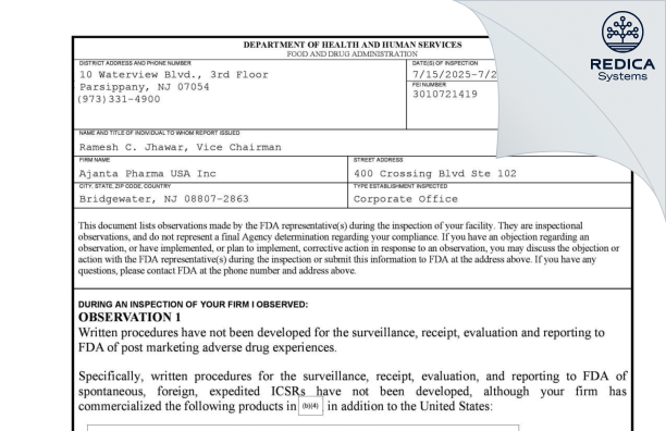 FDA 483 - Ajanta Pharma USA Inc [Bridgewater / United States of America] - Download PDF - Redica Systems