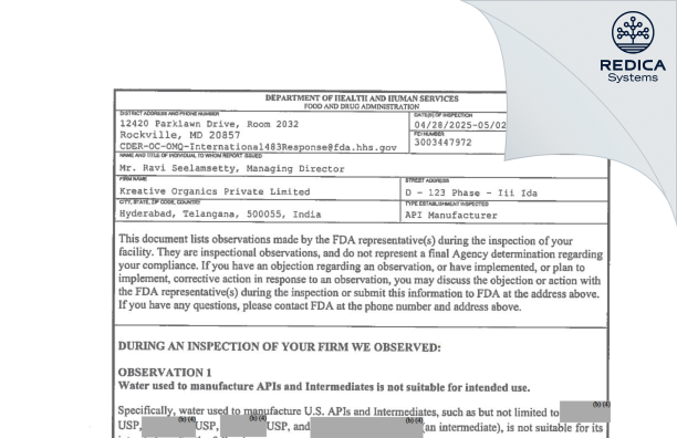 FDA 483 - Kreative Organics Private Limited [Hyderabad / India] - Download PDF - Redica Systems