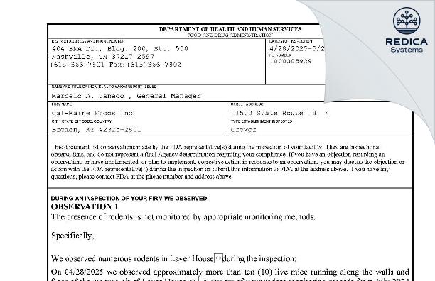 FDA 483 - Cal-Maine Foods Inc [Bremen / United States of America] - Download PDF - Redica Systems
