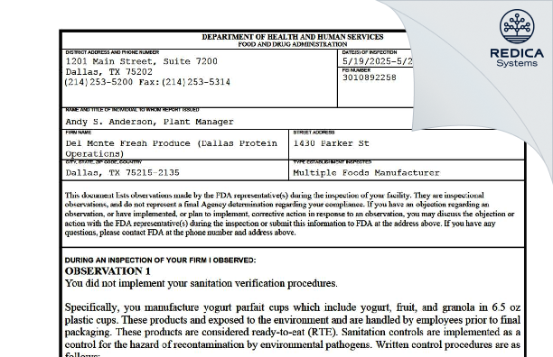 FDA 483 - Del Monte Fresh Produce (Dallas Protein Operations) [Dallas / United States of America] - Download PDF - Redica Systems