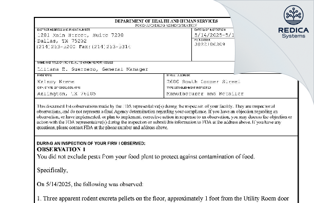 FDA 483 - Krispy Kreme [Arlington / United States of America] - Download PDF - Redica Systems