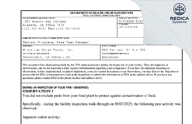 FDA 483 - Wismettac Asian Foods, Inc. [Sacramento / United States of America] - Download PDF - Redica Systems