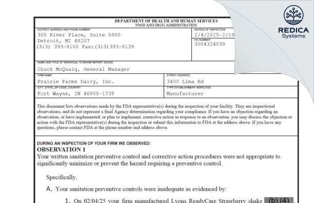 FDA 483 - Prairie Farms Dairy, Inc. [Fort Wayne / United States of America] - Download PDF - Redica Systems