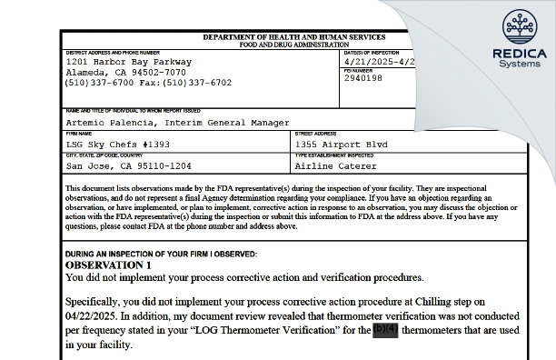 FDA 483 - LSG Sky Chefs #1393 [San Jose / United States of America] - Download PDF - Redica Systems