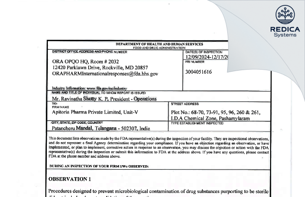 FDA 483 - Apitoria Pharma Private Limited [Patancheru / India] - Download PDF - Redica Systems
