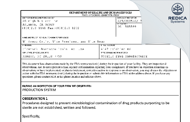 FDA 483 - Glenmark Pharmaceuticals Inc., USA [Monroe / United States of America] - Download PDF - Redica Systems