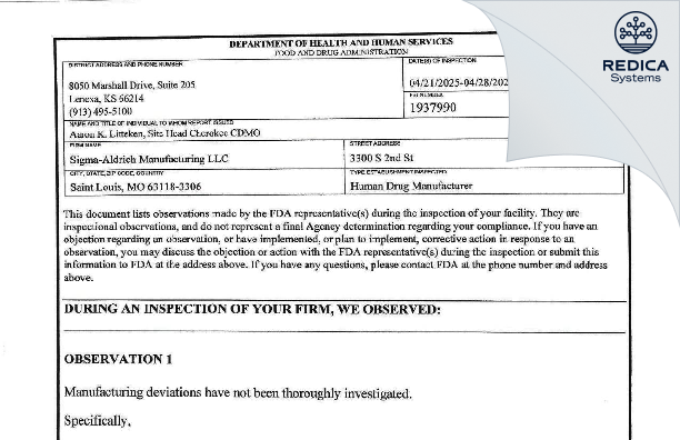 FDA 483 - Sigma-Aldrich Manufacturing LLC [Saint Louis / United States of America] - Download PDF - Redica Systems