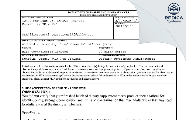 FDA 483 - BLIS Technologies Limited [Dunedin / New Zealand] - Download PDF - Redica Systems