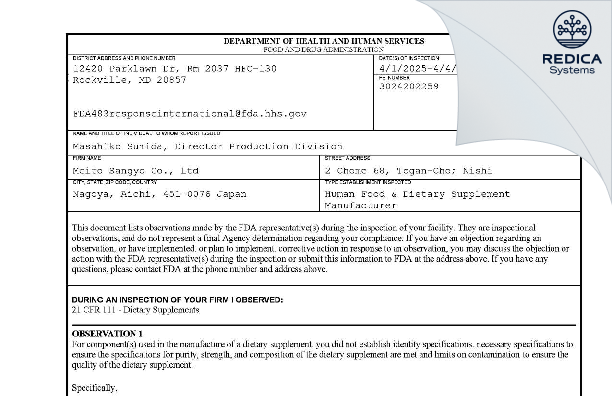 FDA 483 - Meito Sangyo Co., Ltd [Nishi / Japan] - Download PDF - Redica Systems
