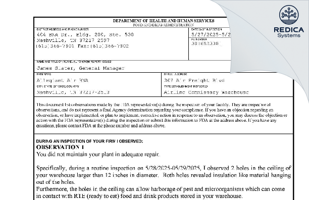 FDA 483 - Allegiant Air BNA [Nashville / United States of America] - Download PDF - Redica Systems