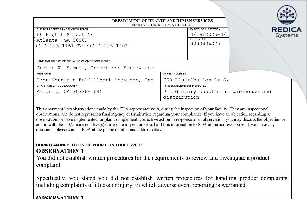 FDA 483 - Iron Mountain Fulfillment Services, Inc [Atlanta / United States of America] - Download PDF - Redica Systems
