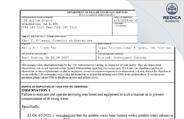FDA 483 - Delta Air Lines Inc [East Boston / United States of America] - Download PDF - Redica Systems