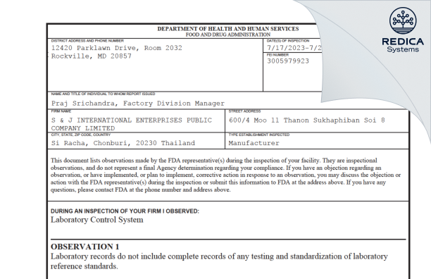 FDA 483 - S & J INTERNATIONAL ENTERPRISES PUBLIC COMPANY LIMITED [Bueng / Thailand] - Download PDF - Redica Systems