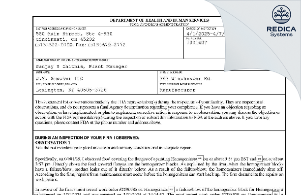 FDA 483 - J.M. Smucker LLC [Lexington / United States of America] - Download PDF - Redica Systems
