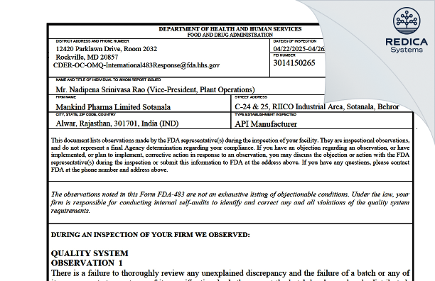 FDA 483 - Shree Jee Laboratory Private Limited [Behror / India] - Download PDF - Redica Systems