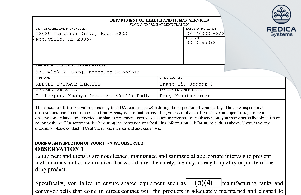 FDA 483 - MEDGEL PRIVATE LIMITED [Dhar Sub-District / India] - Download PDF - Redica Systems