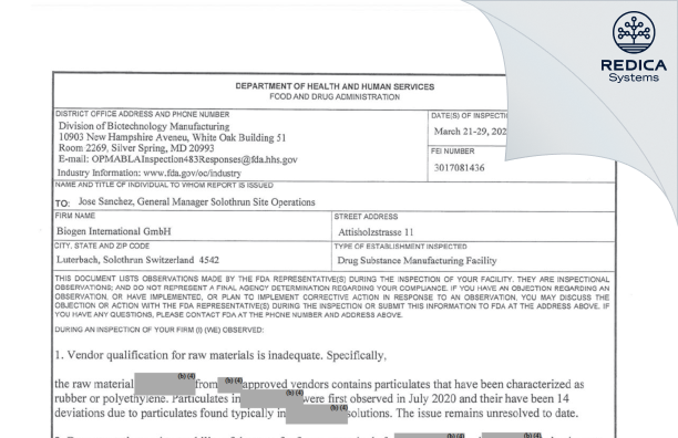 FDA 483 - Biogen International GmbH [Luterbach / Switzerland] - Download PDF - Redica Systems