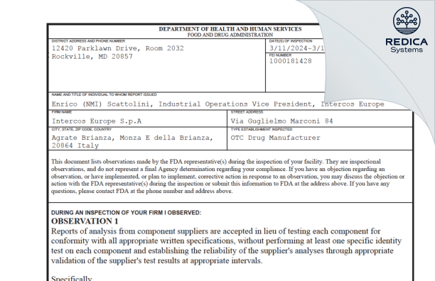 FDA 483 - INTERCOS EUROPE SPA [Agrate Brianza / Italy] - Download PDF - Redica Systems