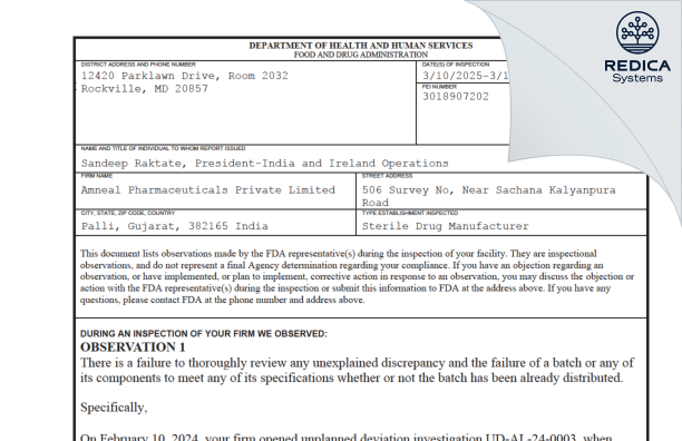 FDA 483 - Amneal Pharmaceuticals Private Limited [Kadi / India] - Download PDF - Redica Systems