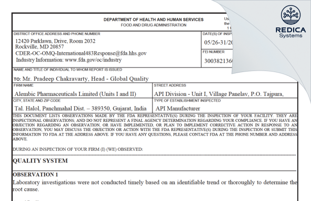 FDA 483 - Alembic Pharmaceuticals Limited [Halol / India] - Download PDF - Redica Systems